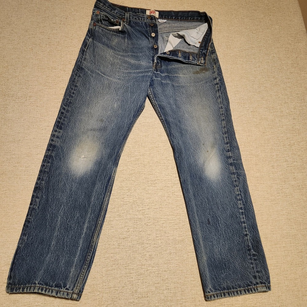 Levis 501 Original Jeans Mens 35x32 Blue Straight Leg Button Fly Faded Denim